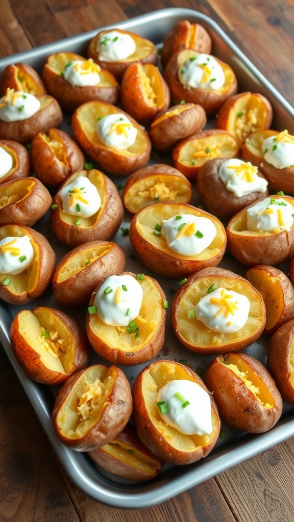 Tray of baked russet potatoes topped with sour cream, cheese, and chives on a rustic table.